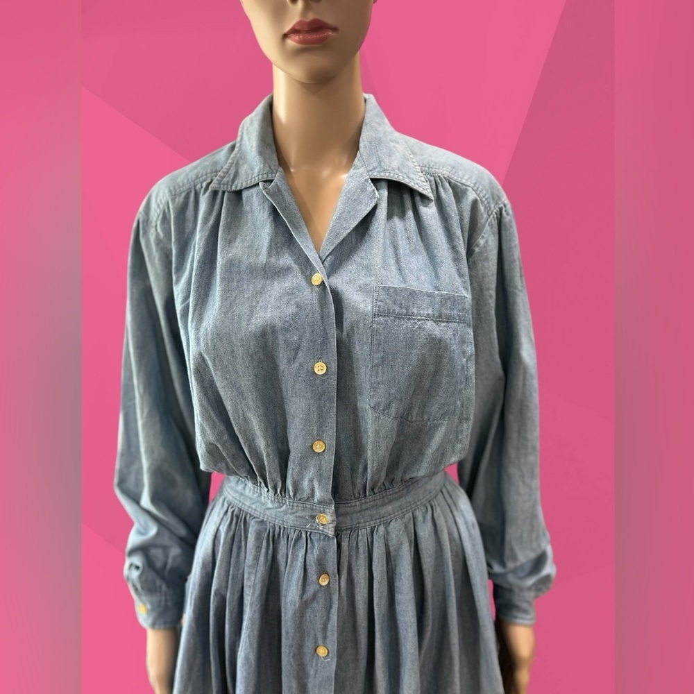 Denim chambray desert prairie western Midi Dress with pockets-8 - Picture 8 of 10